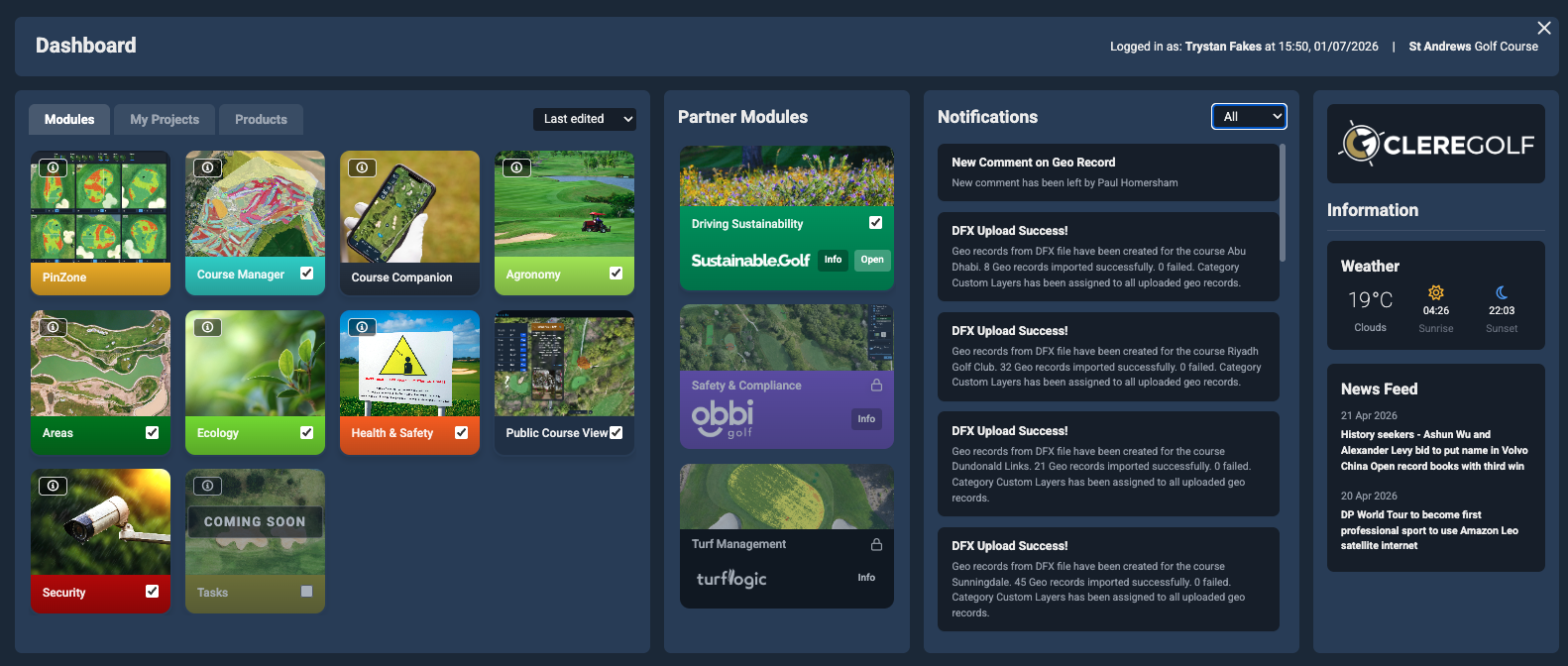 Clere Golf Hub Dashboard